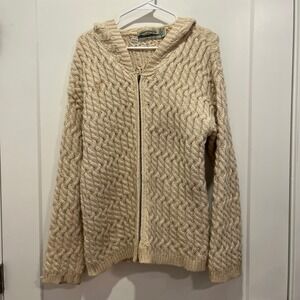 Aran Crafts Ireland Merino Wool Cable Knit Hooded Zip Cardigan Cream XL